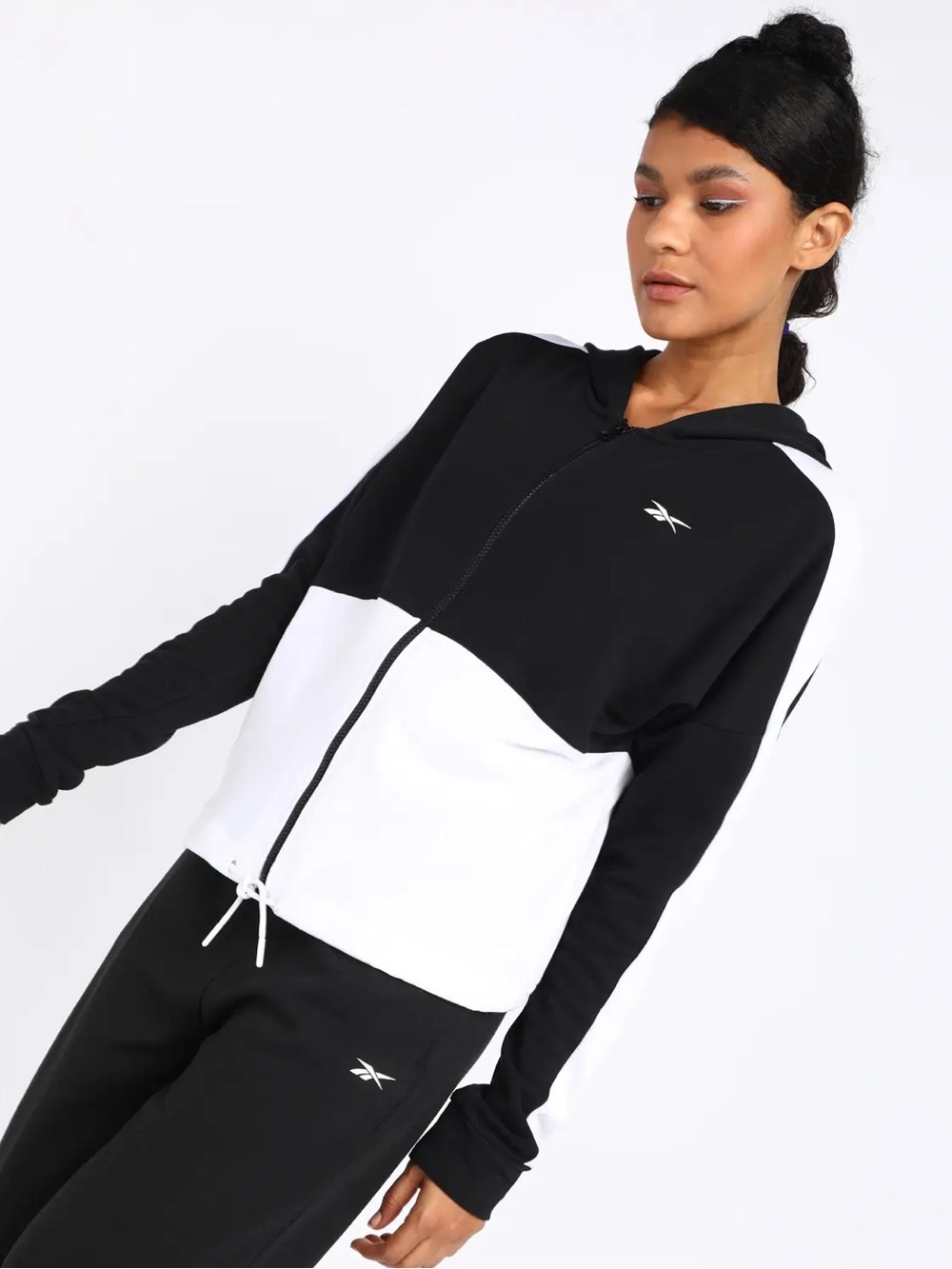 Reebok Women's Black and White Colorblock Track Hoodie